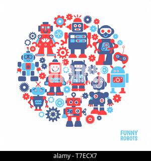Funny robots set. 10 cheerful robots for design Stock Vector