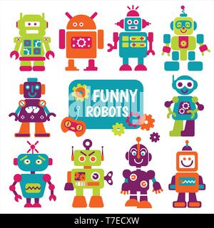Funny robots set. 10 cheerful robots for design. Stock Vector