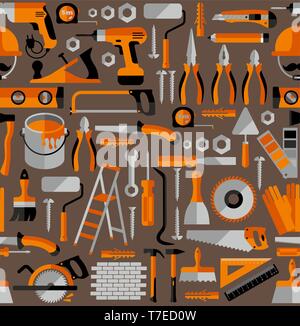 Color seamless pattern of building tools, flat style. Stock Vector