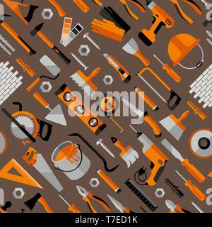 Color seamless pattern of building tools, flat style. Stock Vector