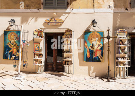 images of saints, devotional objects, souvenir shop, old town, Kerkyra, Corfu Island, Ionian Islands, Greece Stock Photo