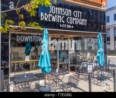 JOHNSON CITY, TN, USA-4/27/19: Front building exterior of the Johnson City Brewing Company, a Main Street brewery and restaurant. Stock Photo
