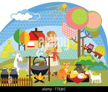 Colorful decorative outline cute farmer woman cooks goat cheese from goat milk in pot and white goats standing in profile in garden. Farm vector carto Stock Vector