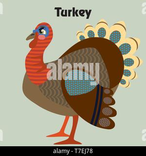 Colorful decorative outline funny colorful turkey standing in profile.  Farm animals and birds vector cartoon flat illustration in different colors is Stock Vector