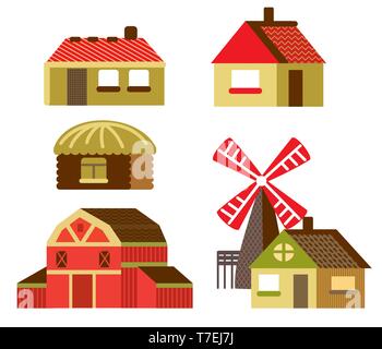 Colorful decorative set of outline red cartoon Barn, mill and country houses. Farm vector cartoon flat illustration in different colors isolated on wh Stock Vector
