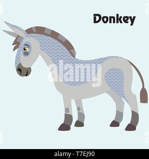 Colorful decorative outline cute grey donkey standing in profile. Farm animals and birds vector cartoon flat illustration in different colors isolated Stock Vector