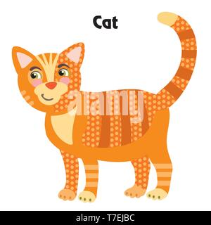 Colorful decorative outline cute ginger cat standing in profile. Farm animals and birds vector cartoon flat illustration in different colors isolated  Stock Vector
