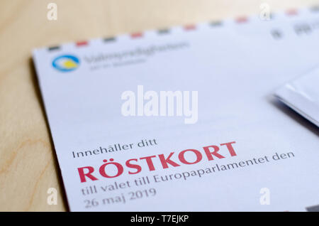 Stockholm, Sweden 6 May 2019. A voting card for the Swedish election to the European Parliament lying on the wooden table. Stock Photo