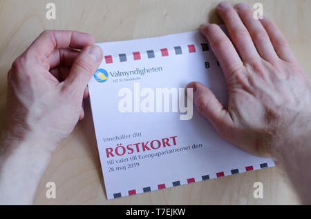 Stockholm, Sweden 6 May 2019. A voting card for the Swedish election to the European Parliament lying on the wooden table. Stock Photo