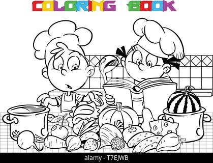 The illustration shows a boy and a girl. They cook in the kitchen. Is made a black outline for a coloring book. Stock Vector