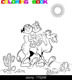 The illustration shows children, who ride on a camel. They travel