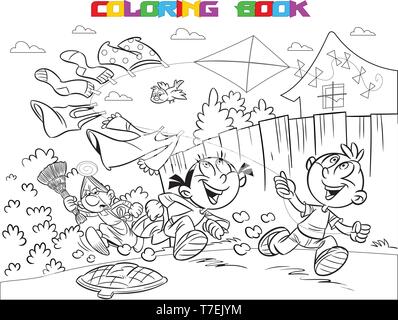 The illustration shows a boy and a girl on vacation in the countryside. They frolic and launch a kite.  Is made a black outline for a coloring book Stock Vector