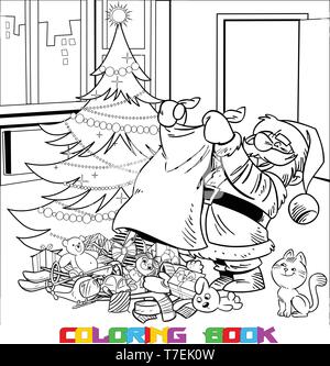 The illustration depicts Santa Claus, who brought the bag with gifts under the Christmas tree. Is made a black outline for a coloring book. Stock Vector