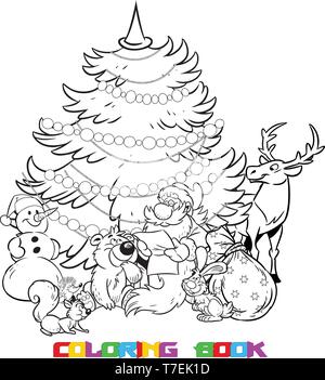 The illustration shows the snowman and Santa Claus, who reads the list of holiday gifts for animals on the background of Christmas tree. Is made a bla Stock Vector