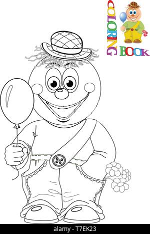 The illustration shows a funny cartoon clown with a balloon in hand and flowers. Is made a black outline for a coloring book. Stock Vector