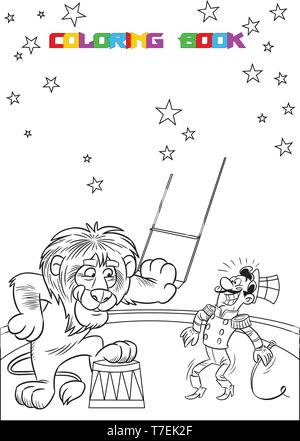 The illustration shows the tamer and the lion performing the trick in the circus arena. Is made a black outline for a coloring book. Stock Vector