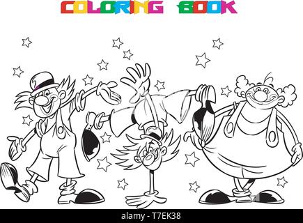 Three funny clowns performs at the circus arena. Is made a black outline for a coloring book. Illustration done in cartoon style, on separate layers Stock Vector