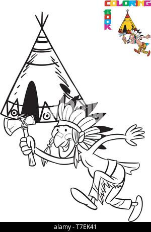The illustration shows the cartoon Indian with ax in hand on the background of the wigwam. Illustration made in black outline for coloring book Stock Vector