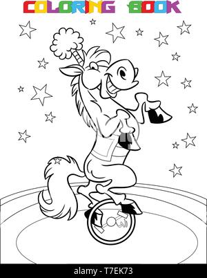 A trained horse shows in the circus.She fun riding on the wheel. Is made a black outline for a coloring book. Stock Vector