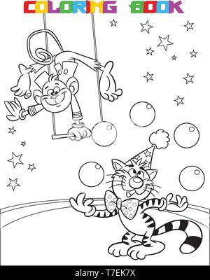 The illustration shows a monkey in a circus, which performs acrobatic on the swings. In the arena of cat shows the number with balls.  Is made a black Stock Vector