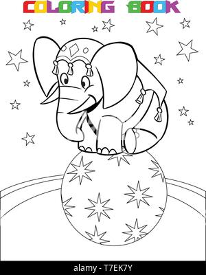 Baby elephant performance in circus. He is dancing on the big blue ball.The illustration is made a black outline for a coloring book, on separate laye Stock Vector
