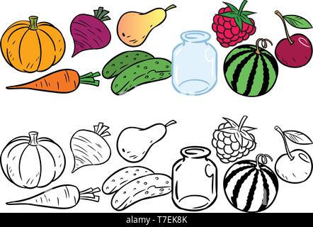 The illustration shows a set of different types of vegetables and fruits. Is made a black outline for a coloring book. Stock Vector