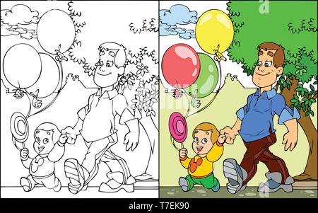 The illustration shows the father and son happy walking in the park. Is made a black outline for a coloring book. Stock Vector