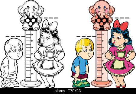 Figure shows cartoon boy and girl, measuring growth. The picture shows the development of children. Is made a black outline for a coloring book. Stock Vector