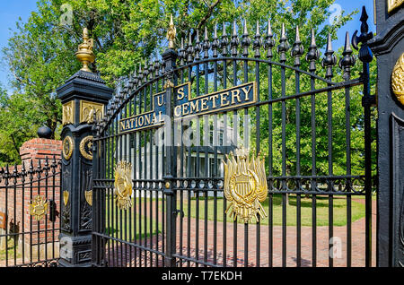 The Shiloh National Cemetery is protected by a large iron gate at Shiloh National Military Park, Sept. 21, 2016, in Shiloh, Tennessee. Stock Photo