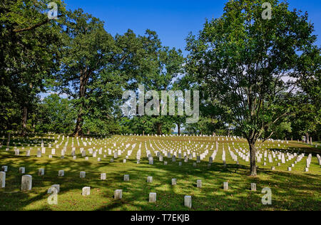 Headstones mark Civil War soldiers’ graves at Shiloh National Cemetery in Shiloh National Military Park, Sept. 21, 2016, in Shiloh, Tennessee. Stock Photo
