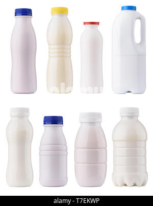 Dairy products packaging set. Milk bottles blank mock-up design collection. Clean closed yogurt bottles isolated on white background. Stock Photo