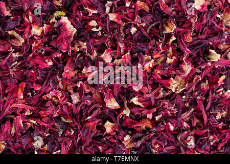 Hibiscus tea background. Close up. Top view. Stock Photo