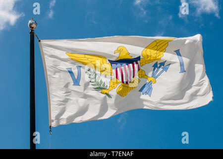 The United States Virgin Islands flag, Frederiksted, St. Croix, US Virgin Islands. Stock Photo