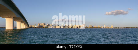 Panorama of Sarasota skyline with John Ringling Causeway leading over Sarasota Bay and into the city. Stock Photo