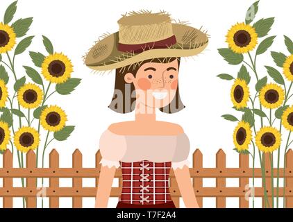 farmer woman with straw hat and sunflowers Stock Vector Image & Art - Alamy