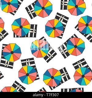 Aerial view sunbathing people on towels under umbrella. Seamless vector illustration background Stock Vector