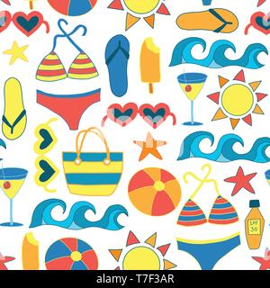Summer Sunbathing Beach items flat seamless vector background Stock Vector