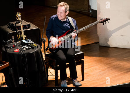 Torino, Italy. 04th May, 2019. John Paul Jones (real name John Richard Baldwin) performing live on stage at the Conservatorio Giuseppe Verdi in Torino, for the “Torino Jazz Festival 2019” together with his band, called “Los Tres Coyotes” (formed by Anssi Karttunen and Magnus Lindberg), for their second ever concert. Credit: Alessandro Bosio/Pacific Press/Alamy Live News Stock Photo