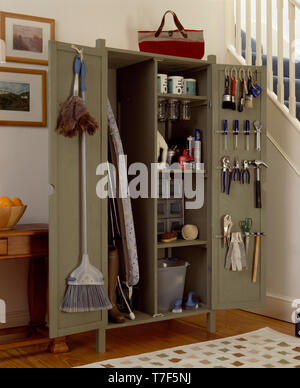 Tools and cleaning materials in grey storage cupboard Stock Photo