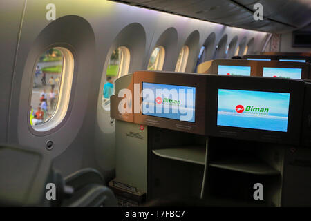 Large LED screen in the Business class of Biman Bangladesh Airlines' first Boeing 787-8 Dreamliner at Hazrat Shahjalal International Airport in Dhaka, Stock Photo