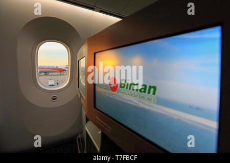 Large LED screen in the Business class of Biman Bangladesh Airlines' first Boeing 787-8 Dreamliner at Hazrat Shahjalal International Airport in Dhaka, Stock Photo