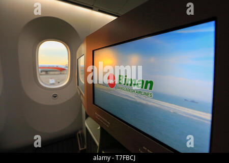 Large LED screen in the Business class of Biman Bangladesh Airlines' first Boeing 787-8 Dreamliner at Hazrat Shahjalal International Airport in Dhaka, Stock Photo