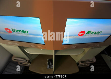 Large LED screen in the Business class of Biman Bangladesh Airlines' first Boeing 787-8 Dreamliner at Hazrat Shahjalal International Airport in Dhaka, Stock Photo