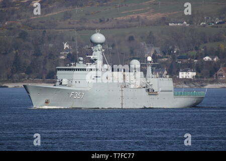 KDM Thetis (F357), a Thetis-class frigate operated by the Royal Danish Navy, passing Gourock at the start of Exercise Joint Warrior 19-1. Stock Photo