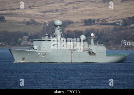 KDM Thetis (F357), a Thetis-class frigate operated by the Royal Danish Navy, passing Gourock at the start of Exercise Joint Warrior 19-1. Stock Photo