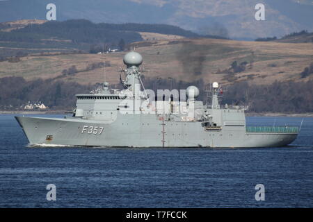 KDM Thetis (F357), a Thetis-class frigate operated by the Royal Danish Navy, passing Gourock at the start of Exercise Joint Warrior 19-1. Stock Photo