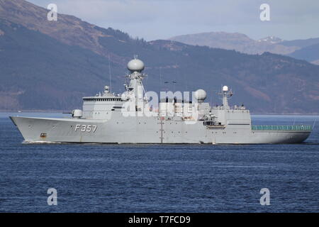 KDM Thetis (F357), a Thetis-class frigate operated by the Royal Danish Navy, passing Gourock at the start of Exercise Joint Warrior 19-1. Stock Photo