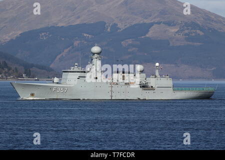 KDM Thetis (F357), a Thetis-class frigate operated by the Royal Danish Navy, passing Gourock at the start of Exercise Joint Warrior 19-1. Stock Photo