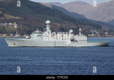 KDM Thetis (F357), a Thetis-class frigate operated by the Royal Danish Navy, passing Gourock at the start of Exercise Joint Warrior 19-1. Stock Photo