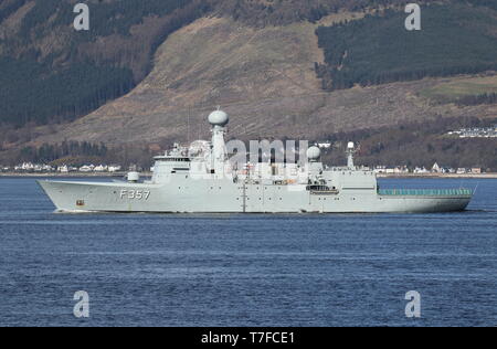 KDM Thetis (F357), a Thetis-class frigate operated by the Royal Danish Navy, passing Gourock at the start of Exercise Joint Warrior 19-1. Stock Photo